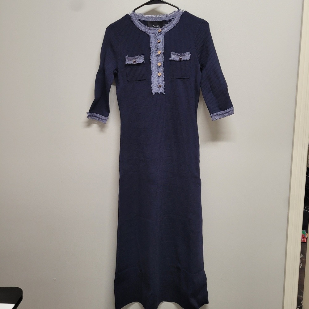 Aleeza Paris Navy Ribbed Knit Maxi Dress Denim Frayed Trim Gold Buttons Size S
